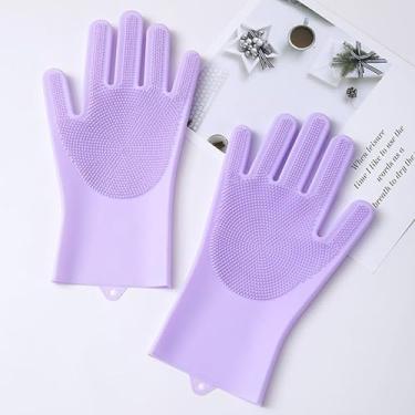 Imagem de Luvas de silicone para lavar louça para cozinha: Luvas de silicone para esfregar com cerdas macias, reutilizáveis e antiderrapantes (Roxo)