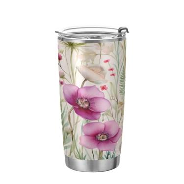 Imagem de xigua Copo de flores silvestres de jardim aquarela com tampa de palha, caneca de viagem a vácuo de parede dupla, caneca de café bem isolada, copo de aço inoxidável para bebidas quentes e frias, 600 ml