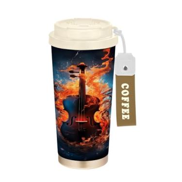 Imagem de Blueangle Caneca de café de viagem com isolamento térmico Fire Flames Music Clef - Copo de aço inoxidável à prova de derramamento e vazamento para acampamento e ao ar livre, garrafa de água