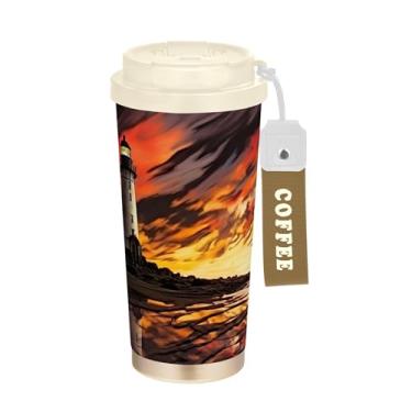 Imagem de SEHANY Caneca de viagem Sea Lighthouse Scenery 482 g Copos de café reutilizáveis revestidos de cerâmica com tampa à prova de vazamento, parede dupla, isolamento a vácuo, copo de café de aço inoxidável