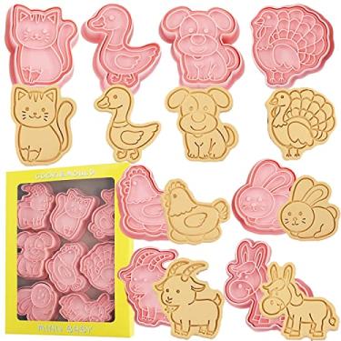 Imagem de Conjunto de cortadores de biscoito de animais de fazenda - 8 carimbos de cortador de biscoito de plástico - Molde divertido de biscoito com tema animal de fazenda, conjunto de pastelaria infantil