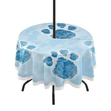 Imagem de Blueangle Toalha de mesa redonda impermeável com estampa de pata de cachorro de 152 cm com orifício para guarda-chuva - Tecido resistente à prova de sol para todos os climas para pátio, acampamento