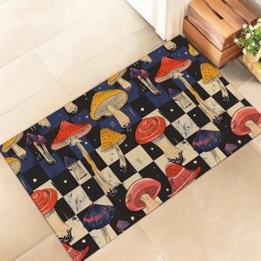 Imagem de amepay Tapete de porta interior cogumelo, elegante 43 x 75 cm capacho de chão de tecido não tecido com estilo de arte quadriculado retrô, para varanda, quarto, sala de estar, tapete de decoração para