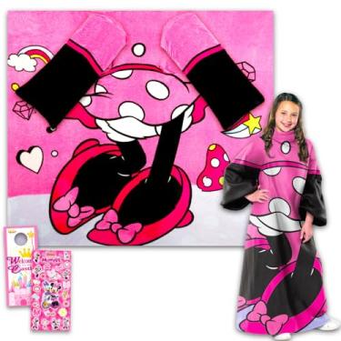 Imagem de Disney Cobertor de viagem Minnie Mouse com mangas – Pacote de pelúcia vestível para viagem, avião, carro, viagem, 121 x 188 cm, mais adesivos | Cobertor Minnie Mouse