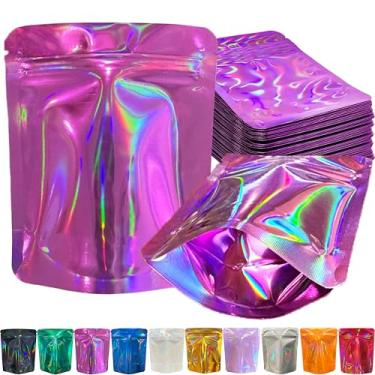 Imagem de YINGZON Pacote com 100 sacos Mylar premium à prova de cheiro, sacos de armazenamento resseláveis com impressão holográfica frente e verso, sacos de embalagem de alumínio de 12,7 x 10 cm. (Roxo)