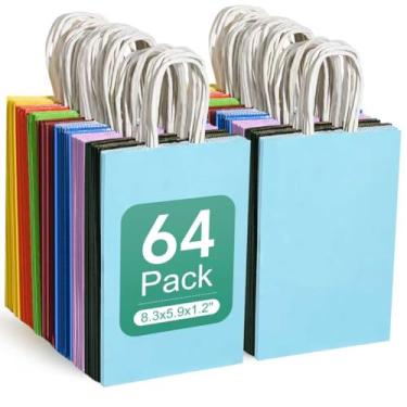 Imagem de Pacote com 64 sacos de papel pequenos arco-íris com alças, 21 cm x 15 cm x 3 cm, 8 cores, sacos de lembrancinha de festa de papel a granel para crianças, chá de bebê, artesanato, casamento