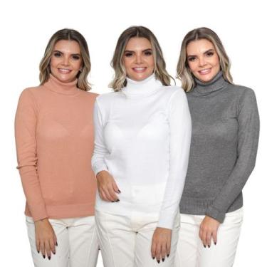 Imagem de Kit 3 Blusas Feminina Tricô Manga Longa Gola Alta Lã Inverno Casual - 