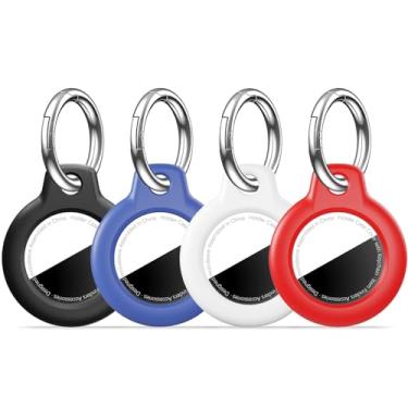 Imagem de MOLOSLEEVE [Pacote com 4] Capa para Airtag com chaveiro, capa de GPS à prova de choque, chaveiro antiarranhões, acessórios para rastreadores de itens GPS para bolsas, bagagens, preto/azul/branco