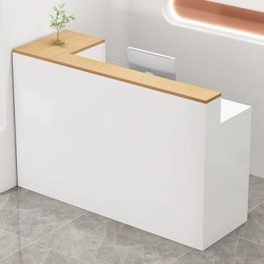 Imagem de Mesa de recepção moderna em forma de L com orifício para cabo, gaveta bloqueável e bandeja de teclado - Balcão de caixa de varejo para escritório ou loja (branco, 120 x 45 x 100 cm)