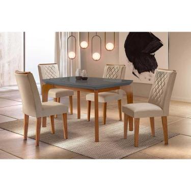 Imagem de Sala De Jantar Completa Londrina C- Tampo Madeirado Vidro Canto Reto 120x80cm E 4 Cadeiras Jade Imbuia-grafite - Veludo Creme - Rufato