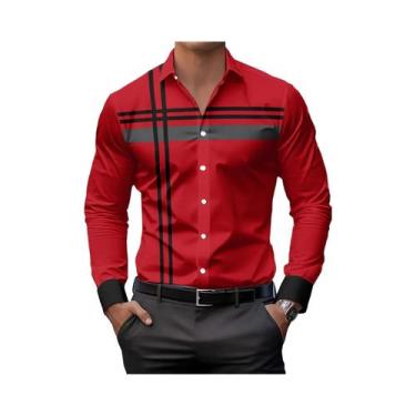 Imagem de Camisa Social Masculina Moderna Listrada Casual De Manga Longa Com Bot