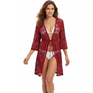 Imagem de Saída De Praia/ Kimono Em Renda De Arrastão Moda Verão - Corpo Dourado
