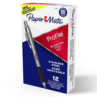 Imagem de Paper Mate Canetas esferográficas de perfil, caneta retrátil com barril de aço inoxidável, 1,0 mm, tinta preta, 12 unidades