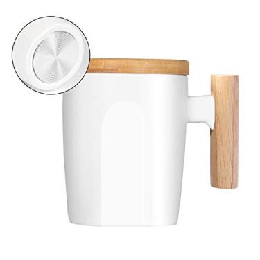 Imagem de Caneca de café de fundo plano com tampa de madeira, copo de cerâmica de 410 ml para aquecedor de café, mantém quente para chá, cacau, leite e bebidas quentes, 400 ml (branca)