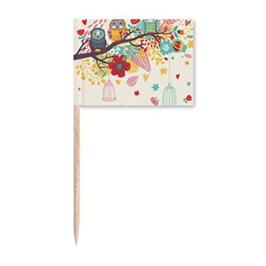 Imagem de Ilustração Animais Ramos Flores Corujas Palito Bandeiras Marcador Topper Decoração de Festa
