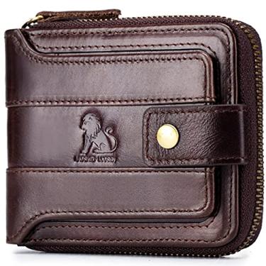 Imagem de Carteira masculina dobrável de segurança anti-roubo RFID bloqueio macio carteira de couro genuíno fina compacta vintage bolsa de bolso grande capacidade carteira com zíper bolsa de segurança presente masculino, café