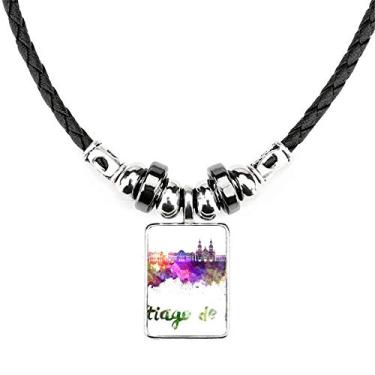 Imagem de DIYthinker Colar de Aquarela Cidade Santiago De Chile Joias Torque Pingente de Corda de Couro