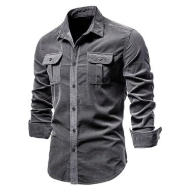 Imagem de Camisa masculina outono algodão manga comprida japonês simples veludo cotelê tendência camisa casual slim roupas masculinas, Cinza, GG