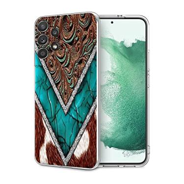 Imagem de XIASAIJBUDA Capa compatível com Samsung Galaxy A52 5G, couro bovino ocidental turquesa e marrom estampa animal transparente capa de telefone presente TPU à prova de choque