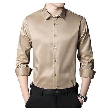 Imagem de Camisa social masculina elástica gola lapela manga longa camisa formal seda não passar a ferro, Cor 9, P