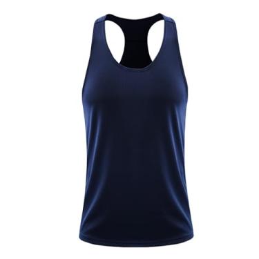 Imagem de Camiseta regata masculina de compressão de cor sólida para treino de emagrecimento com costas nadador, Azul-escuro, XXG