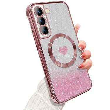 Imagem de ZONRW Capa magnética para Samsung Galaxy S21 Plus, feminina, feminina, macia, luxuosa, com glitter, brilhante, brilhante, capa de coração, compatível com MagSafe, capa protetora transparente à prova de choque de 6,7 polegadas - rosa
