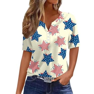 Imagem de Camiseta feminina com bandeira americana casual de verão, listras estrelas, vermelho, branco, azul, blusa Dia da Independência, gola Henley, rosa, M