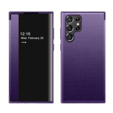 Imagem de Janela flip capa de couro para samsung galaxy s24 s23 ultra s22 s21 plus luxo 360 corpo inteiro à prova de choque proteger capa, roxo, para s24 ultra