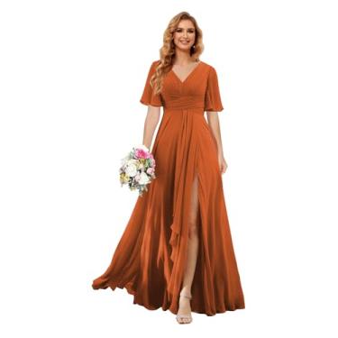 Imagem de Noras dress Vestidos femininos de dama de honra com decote em V com mangas chiffon evasê vestido formal longo com fenda 2024 NO101, Laranja queimada, 38