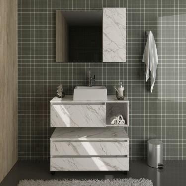 Imagem de Kit Banheiro Completo com Gabinete Espelheira Cuba Mármore Branco