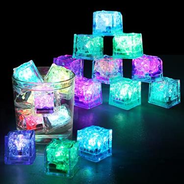 Imagem de Lineba Cubos de gelo iluminados, pacote com 12 cubos de gelo multicoloridos de LED para bebidas com mudança de luz, cubo de gelo brilhante à prova d'água para decoração de festa de clube, bar, festa
