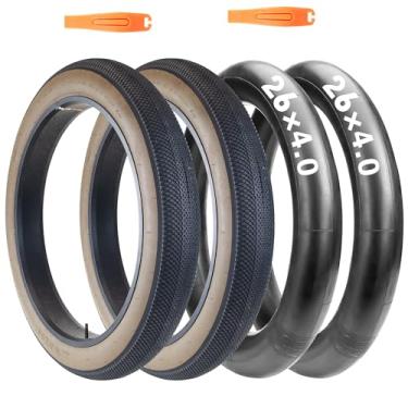 Imagem de MAKELEN Pacote com 2 pneus de bicicleta E-Bike Fat Bike 66 cm x 10 cm com tubos compatíveis com pneu de bicicleta de substituição para bicicleta de montanha, neve e praia, parede lateral marrom