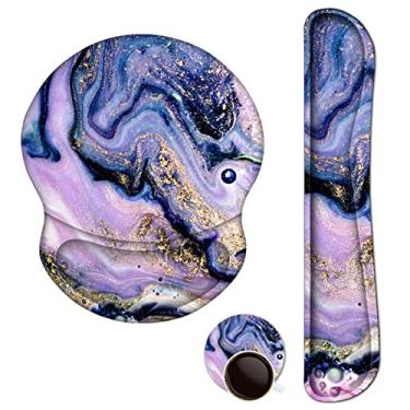 Imagem de ArtSo Suporte de descanso de pulso atualizado para mouse pad e teclado, mouse pad de gel ergonômico com base de borracha antiderrapante para casa, alívio da dor no escritório e almofada de digitação fácil, pano de neoprene e espuma de memória macia, mármore roxo