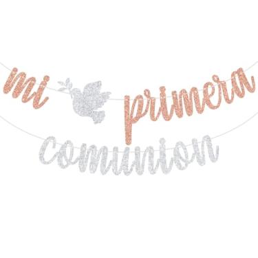 Imagem de Faixa de comunião Mi Primera com glitter ouro rosa, First Holy Communion/Mi Bautizo, My Baptism First Birthday Baby Shower Decorações Suprimentos