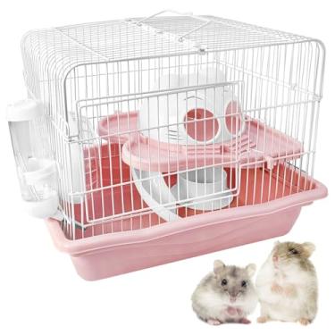 Imagem de PINVNBY Gaiola de hamster para anões, gaiolas de animais pequenos, gaiola portátil de 2 camadas para mouse para viagem com rodas de exercícios de corrida em casa do castelo, garrafa de água e prato de