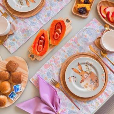 Imagem de Kit 6 Jogos Americanos com 6 Guardanapos e 6 Pg Páscoa Colorido Póa (OVOS ROSA COM AZUL - GUARDANAPO LILÁS - PG COELHO CHOCOLATE)