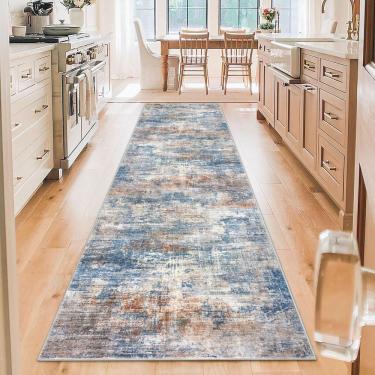 Imagem de Tapete Runner IOHOUZE Abstrato 90x300cm Lavável Azul Ferrugem