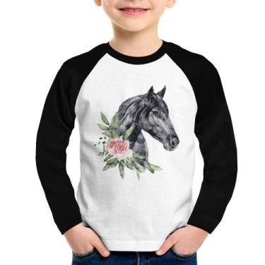 Imagem de Camiseta Raglan Infantil Cavalo e Flores Manga Longa - Foca na Moda, B