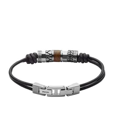 Imagem de Fossil Pulseira masculina de aço inoxidável e couro genuíno com contas, Couro
