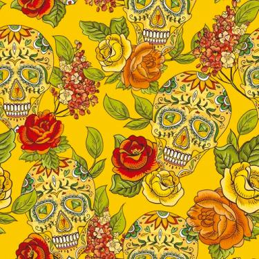 Imagem de Papel De Parede Adesivo Amarelo Rosas Flores Caveira Mexicana Lavável 10m