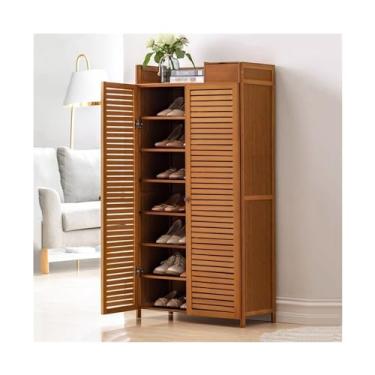Imagem de Armário de sapatos com 2 portas para entrada, armário de armazenamento de sapatos de 6/7/8 níveis, organizador de sapatos de bambu independente para entrada da porta da frente (cor: Duas portas 7