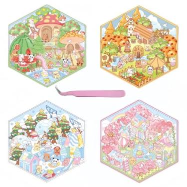 Imagem de 4 Sets DIY 3D House Stickers Cute Cartoon Animal Make Your Own House 3D Sticker Scene for Adults and Kids Girls Build Miniature Rooms Relief Stress Pass The Time Therapy for Adults