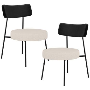 Imagem de Kit 02 Poltronas Decorativas Para Sala De Estar Base Fixa Londres L02 Couríssimo Preto Linho Cru - Lyam