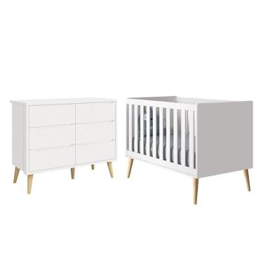 Imagem de Jogo De Quarto Infantil Theo Cômoda 6 Gavetas E Berço Branco Fosco Com Pés Madeira Natural - Reller Móveis Branco Fosco