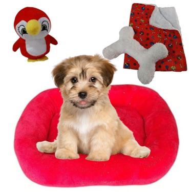 Imagem de Cama Bigata M Tecido Soft Com Osso Pelucia E Manta Kit 4 Peças Vermelho