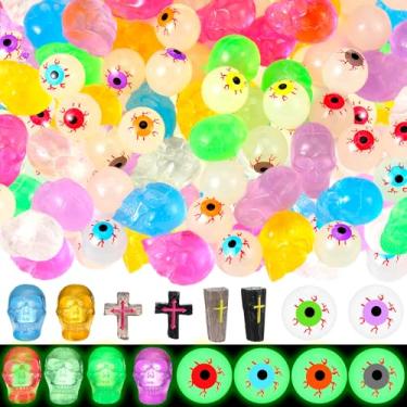 Imagem de Gemscream 120 peças de mini globos oculares luminosos de resina de Halloween a granel pequeno crânio de resina pequena estatueta de cruz pequena estátua de caixão decoração em miniatura para festa de