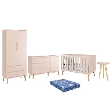 Imagem de Dormitório Theo Retrô 2 Portas, Cômoda 1 Porta, Berço, Mesa de Apoio com Pés Madeira Natural e Colchão - Reller Móveis Rosa Fosco
