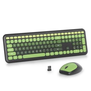 Imagem de iRoboosta Combo de teclado e mouse verde sem fio, 2,4 GHz, teclado estético de máquina de escrever, teclado fofo de tamanho completo com teclado numérico, teclados silenciosos para casa e escritório