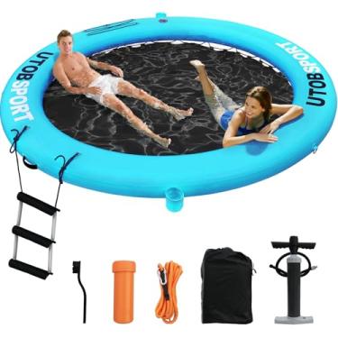 Imagem de Rede de água inflável, doca flutuante de 2,5 x 2,5 m, bote flutuante para lago, barco, piscina, oceano, cães adultos e crianças, com suporte de copo e bomba (azul gelo/preto)