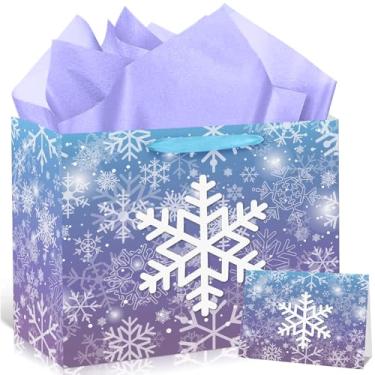 Imagem de Saco grande de presente de floco de neve com cartão de papel de embrulho, azul e roxo, sacos de lembrancinha de festa de floco de neve para presente de aniversário de princesa da neve, caixa para
